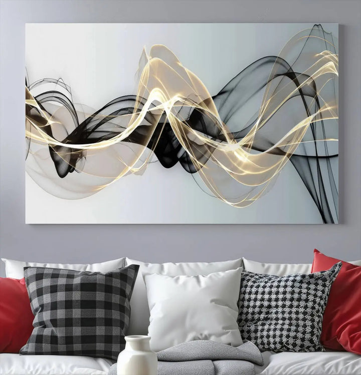 Modern Abstract Art Multi Panel Wall Art Canvas Print featuring flowing black and gold waves.