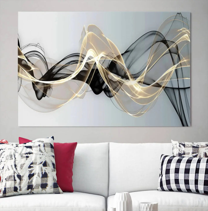 Modern Abstract Art Multi Panel Wall Art Canvas Print featuring flowing black and gold waves.