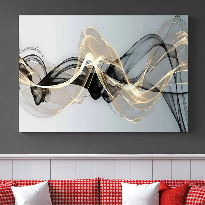 Modern Abstract Art Multi Panel Wall Art Canvas Print featuring flowing black and gold waves.