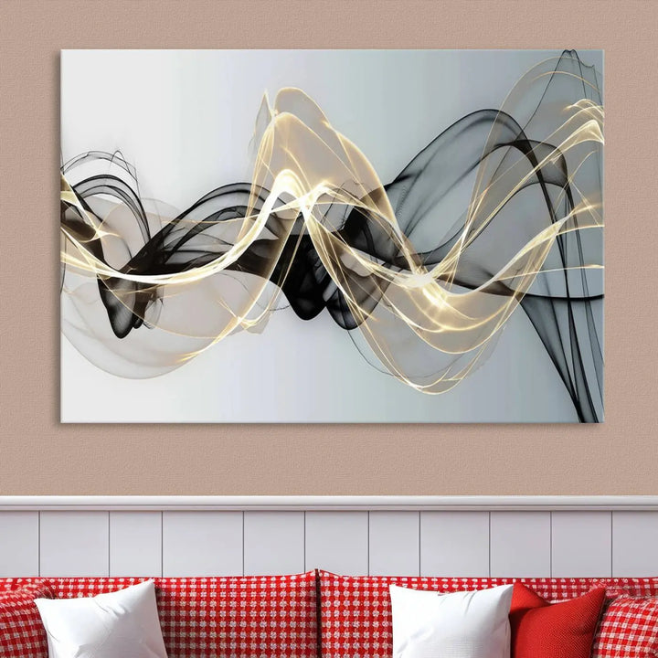 Modern Abstract Art Multi Panel Wall Art Canvas Print featuring flowing black and gold waves.