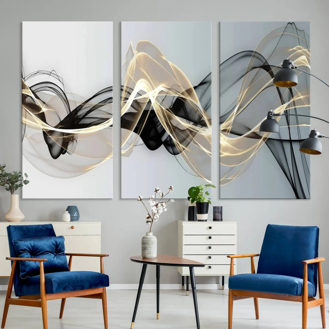 Modern Abstract Art Multi Panel Wall Art Canvas Print featuring flowing black and gold waves.