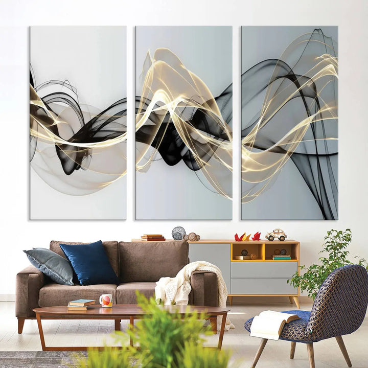 Modern Abstract Art Multi Panel Wall Art Canvas Print featuring flowing black and gold waves.