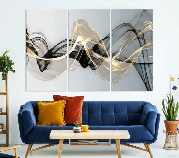 Modern Abstract Art Multi Panel Wall Art Canvas Print featuring flowing black and gold waves.