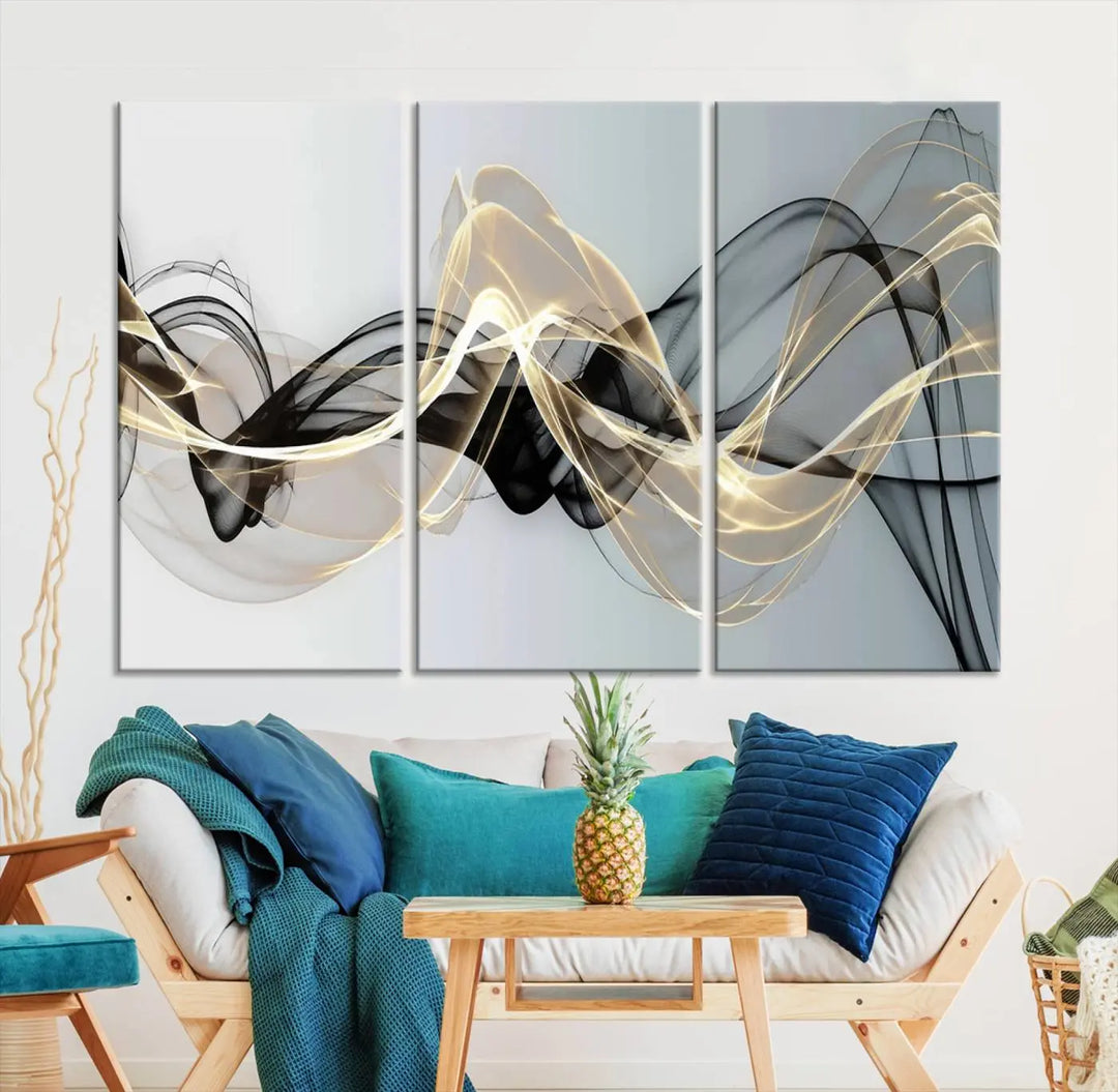 Modern Abstract Art Multi Panel Wall Art Canvas Print featuring flowing black and gold waves.