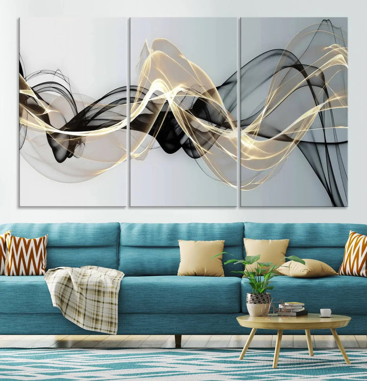 Modern Abstract Art Multi Panel Wall Art Canvas Print featuring flowing black and gold waves.