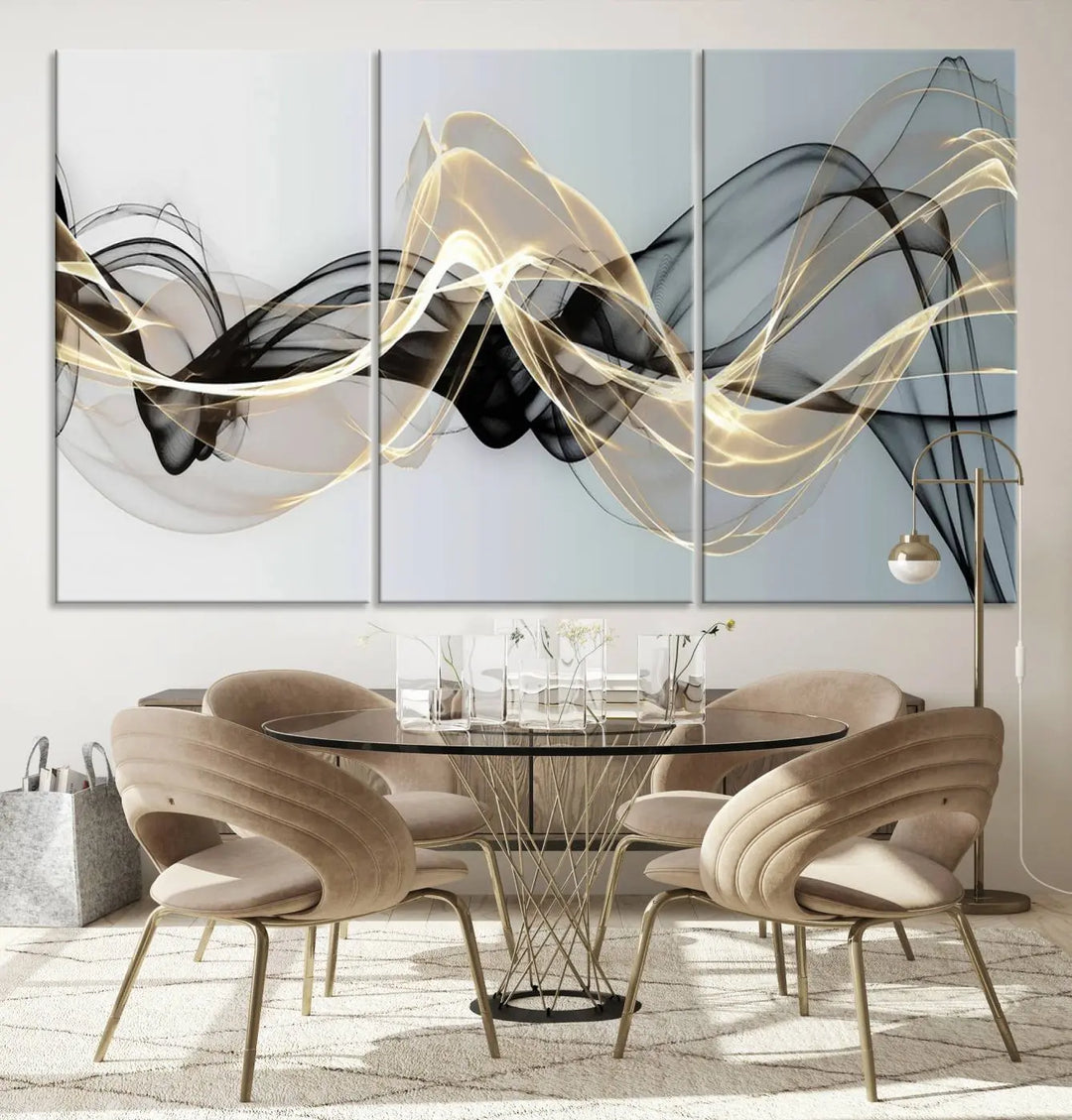 Modern Abstract Art Multi Panel Wall Art Canvas Print featuring flowing black and gold waves.