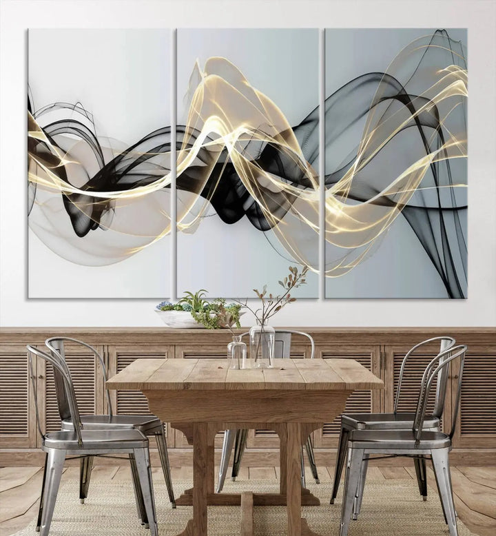 Modern Abstract Art Multi Panel Wall Art Canvas Print featuring flowing black and gold waves.