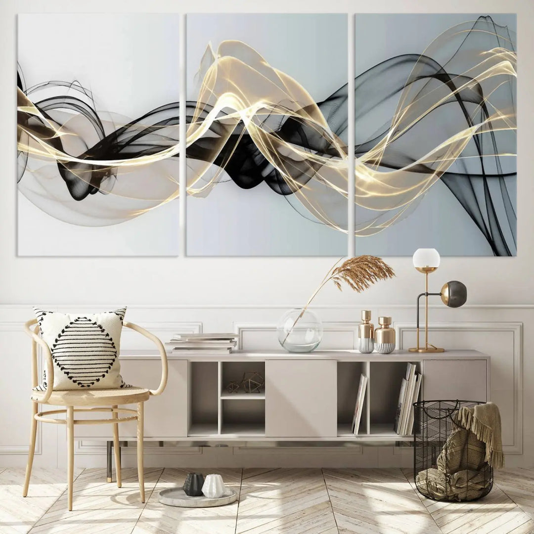 Modern Abstract Art Multi Panel Wall Art Canvas Print featuring flowing black and gold waves.