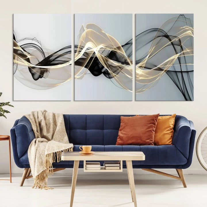 Modern Abstract Art Multi Panel Wall Art Canvas Print featuring flowing black and gold waves.