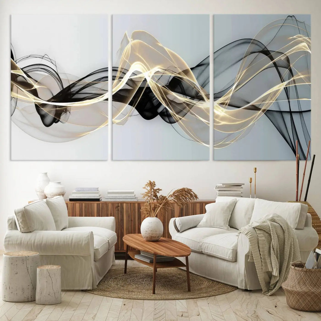 Modern Abstract Art Multi Panel Wall Art Canvas Print featuring flowing black and gold waves.