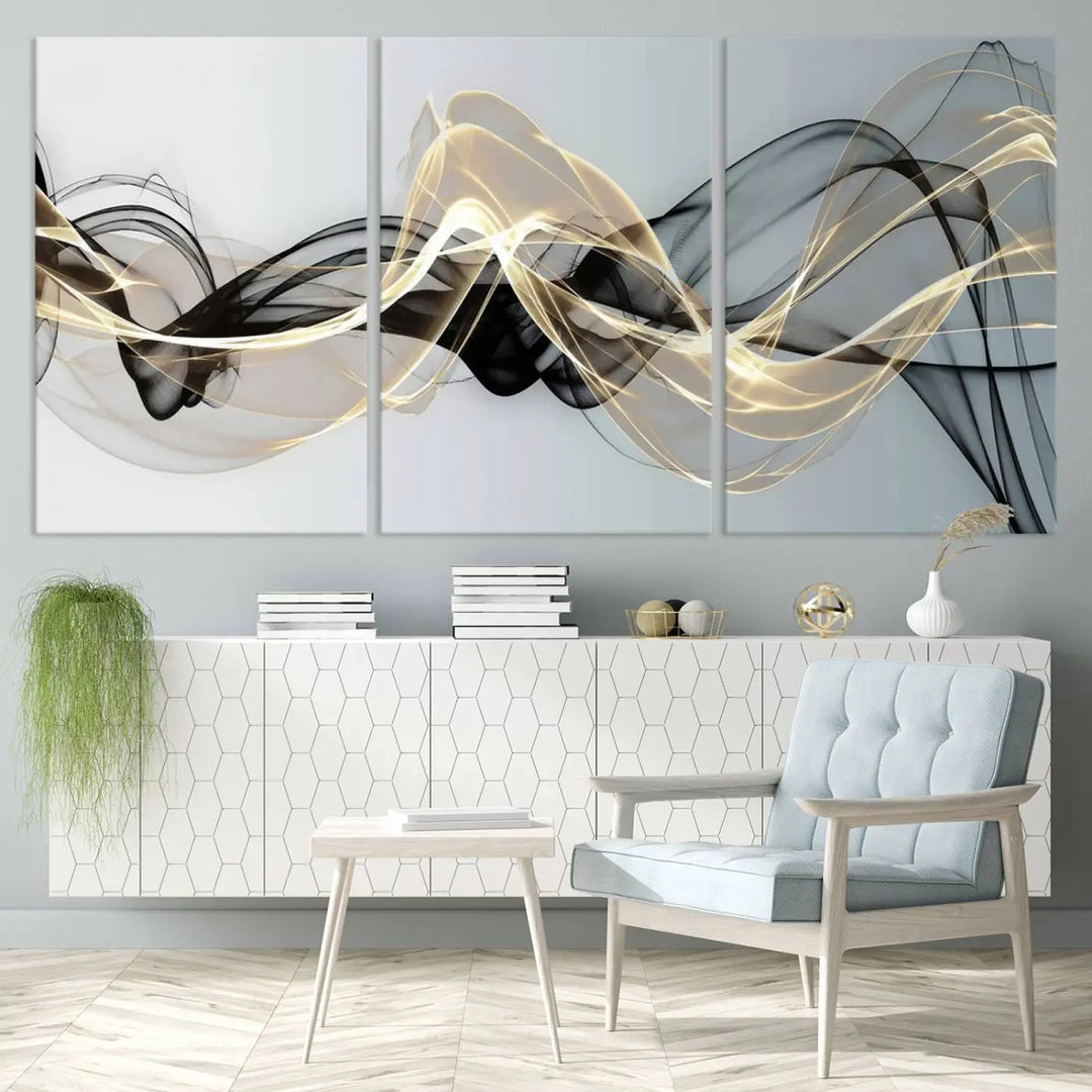 Modern Abstract Art Multi Panel Wall Art Canvas Print featuring flowing black and gold waves.