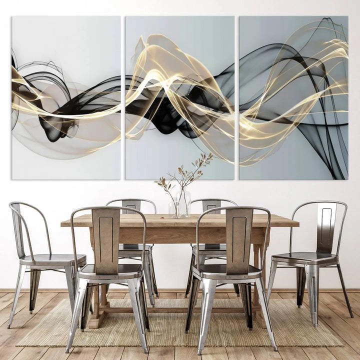 Modern Abstract Art Multi Panel Wall Art Canvas Print featuring flowing black and gold waves.