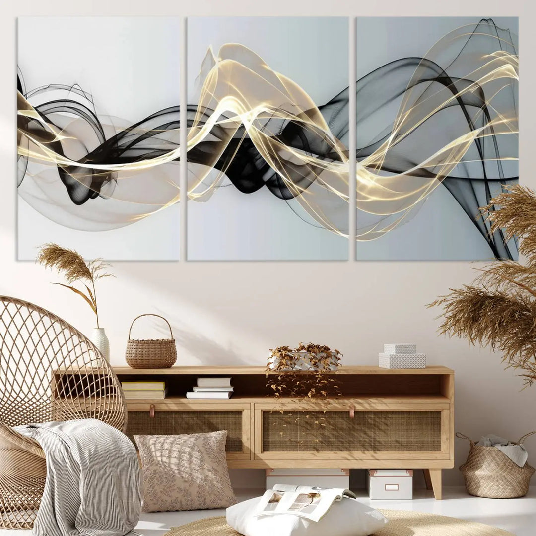 Modern Abstract Art Multi Panel Wall Art Canvas Print featuring flowing black and gold waves.