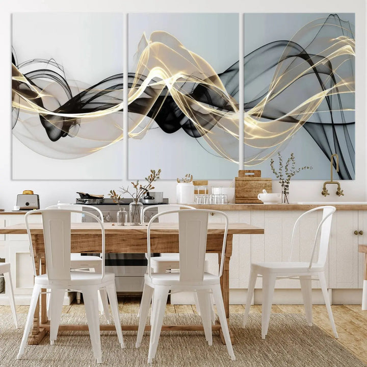 Modern Abstract Art Multi Panel Wall Art Canvas Print featuring flowing black and gold waves.