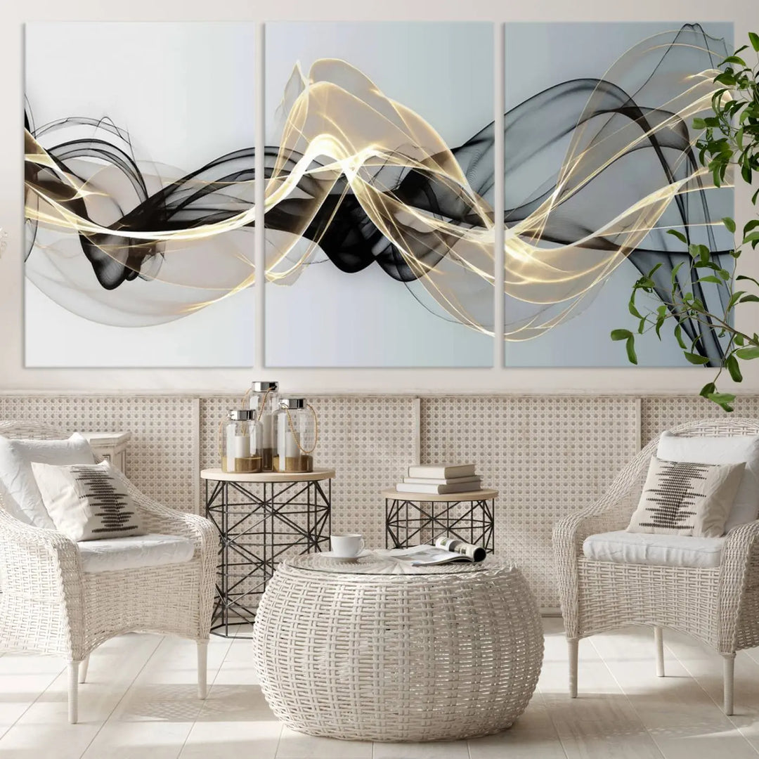 Modern Abstract Art Multi Panel Wall Art Canvas Print featuring flowing black and gold waves.