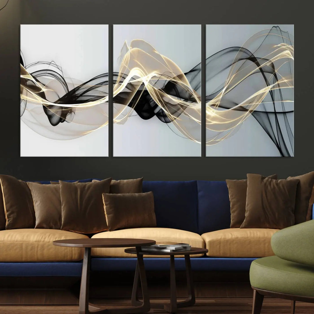 Modern Abstract Art Multi Panel Wall Art Canvas Print featuring flowing black and gold waves.