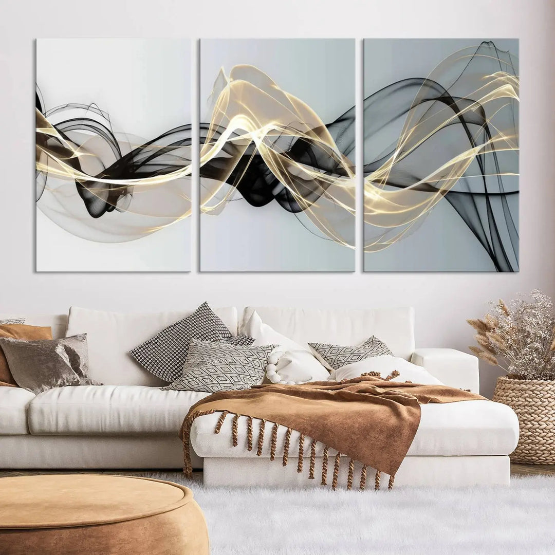 Modern Abstract Art Multi Panel Wall Art Canvas Print featuring flowing black and gold waves.