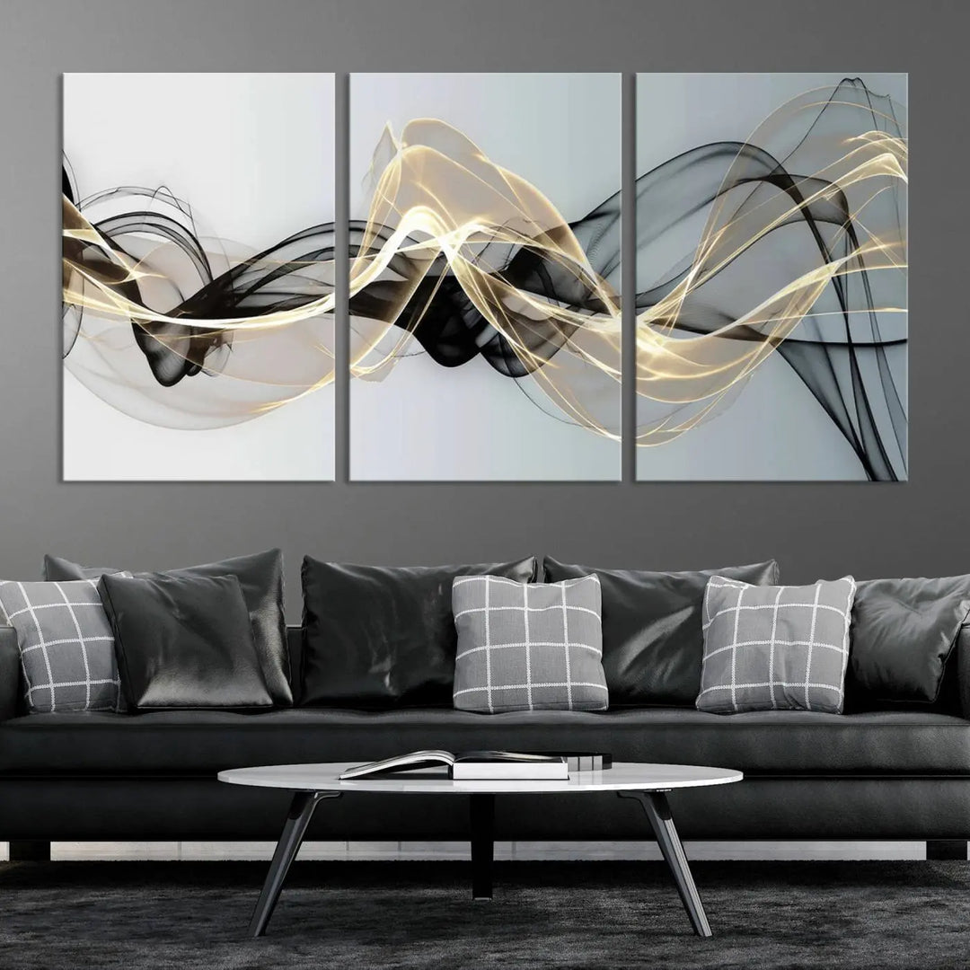 Modern Abstract Art Multi Panel Wall Art Canvas Print featuring flowing black and gold waves.