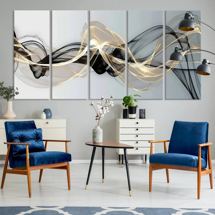 Modern Abstract Art Multi Panel Wall Art Canvas Print featuring flowing black and gold waves.