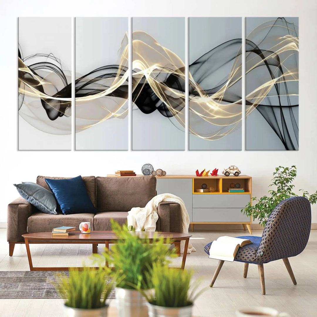 Modern Abstract Art Multi Panel Wall Art Canvas Print featuring flowing black and gold waves.