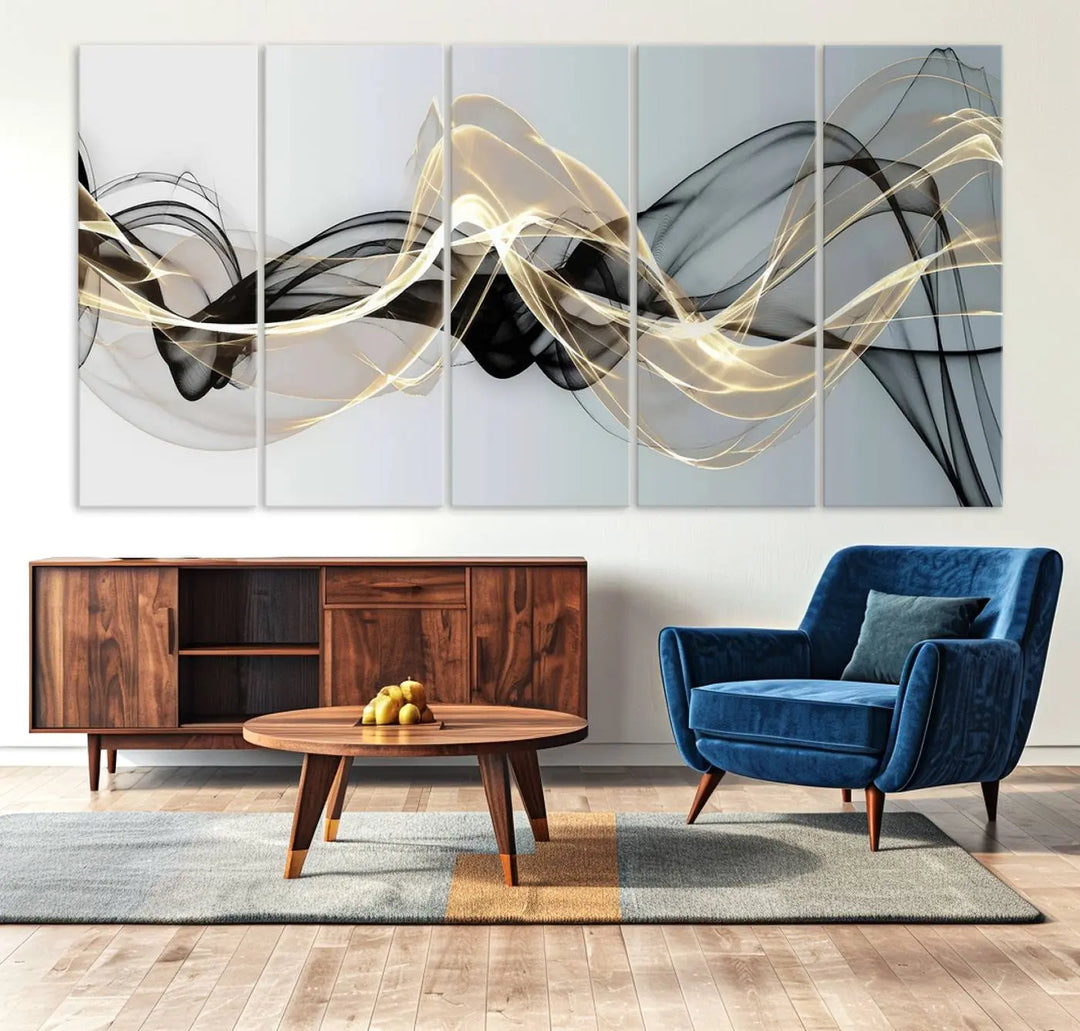 Modern Abstract Art Multi Panel Wall Art Canvas Print featuring flowing black and gold waves.