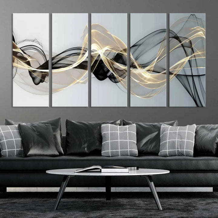 Modern Abstract Art Multi Panel Wall Art Canvas Print featuring flowing black and gold waves.