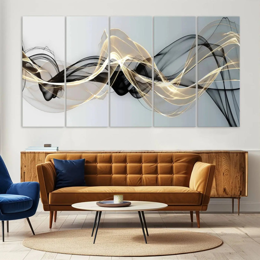 Modern Abstract Art Multi Panel Wall Art Canvas Print featuring flowing black and gold waves.