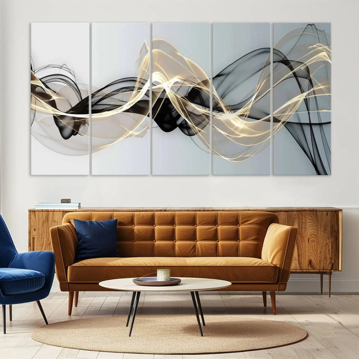 Modern Abstract Art Multi Panel Wall Art Canvas Print featuring flowing black and gold waves.