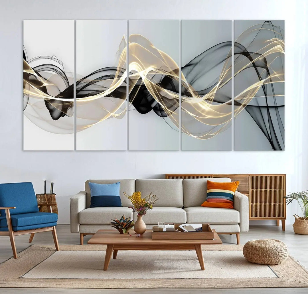 Modern Abstract Art Multi Panel Wall Art Canvas Print featuring flowing black and gold waves.