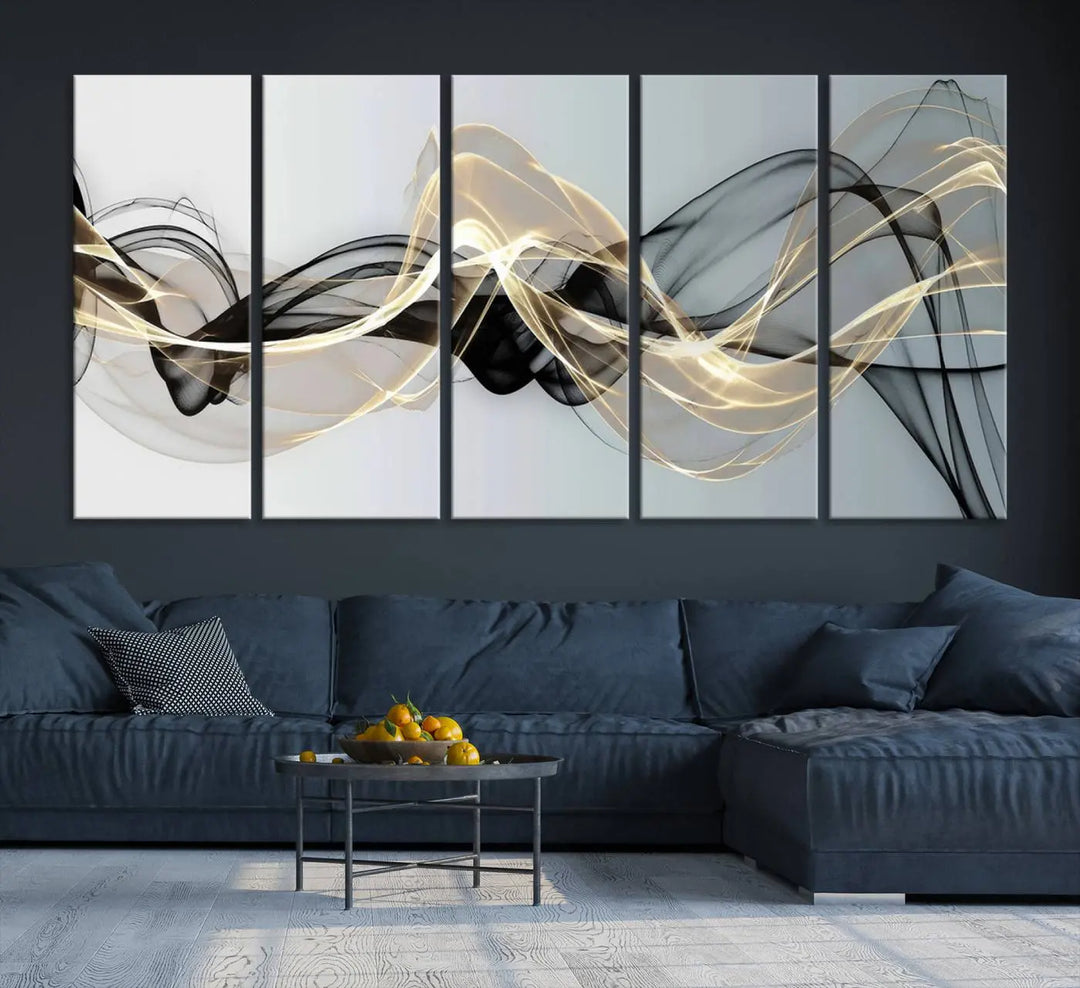 Modern Abstract Art Multi Panel Wall Art Canvas Print featuring flowing black and gold waves.