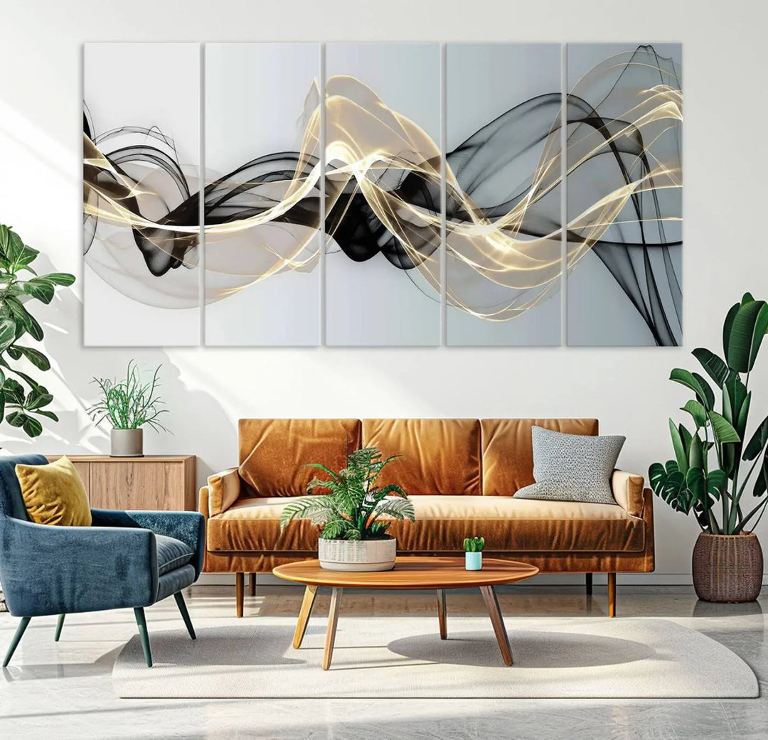 Modern Abstract Art Multi Panel Wall Art Canvas Print featuring flowing black and gold waves.