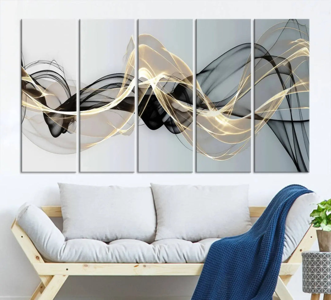 Modern Abstract Art Multi Panel Wall Art Canvas Print featuring flowing black and gold waves.