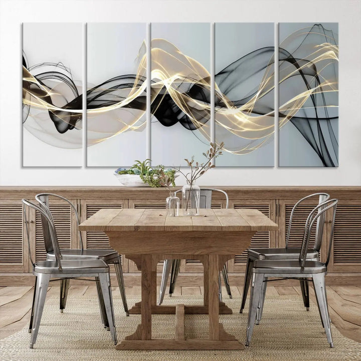 Modern Abstract Art Multi Panel Wall Art Canvas Print featuring flowing black and gold waves.