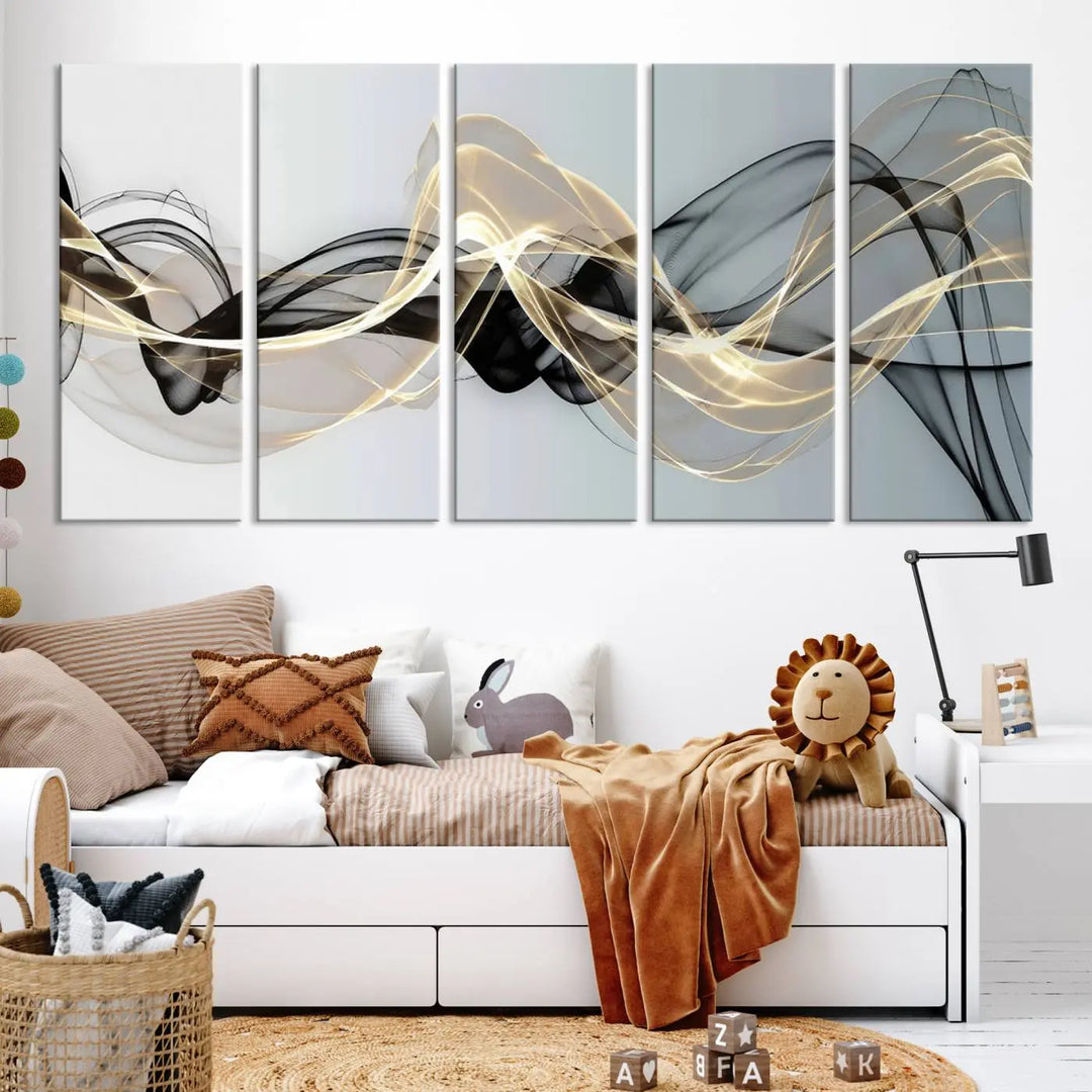 Modern Abstract Art Multi Panel Wall Art Canvas Print featuring flowing black and gold waves.