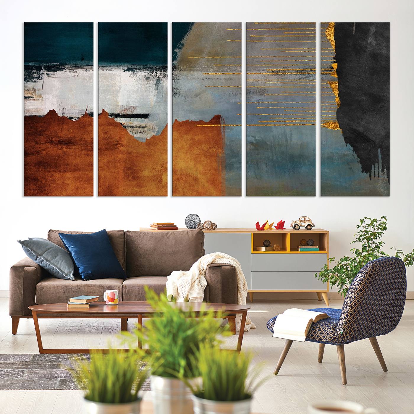 35026-MGV-CV-60X31-5P-Modern Abstract Canvas Art Canvas Print - Framed and Ready to Hang Artwork for Contemporary Living Room or Office Decor