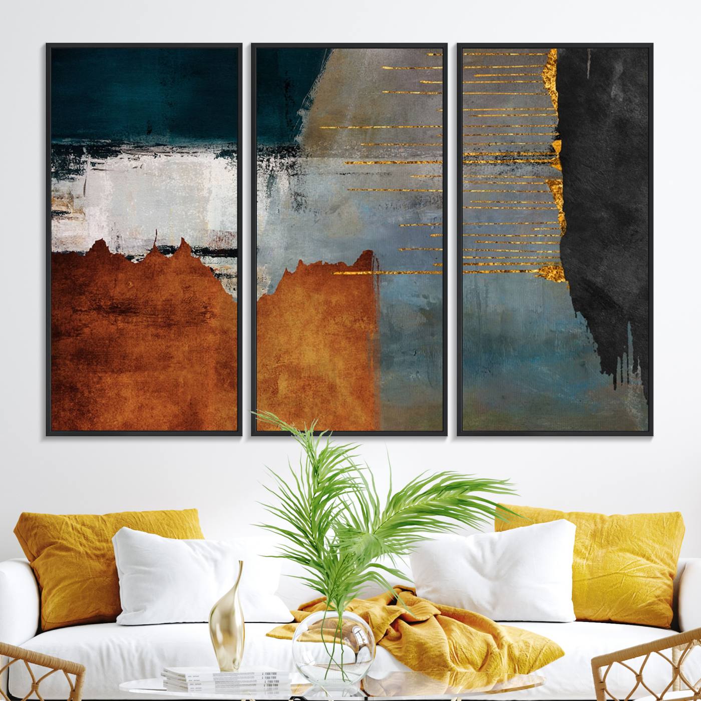 35026-MGV-FC-48X32-3P_Black-Modern Abstract Canvas Art Canvas Print - Framed and Ready to Hang Artwork for Contemporary Living Room or Office Decor