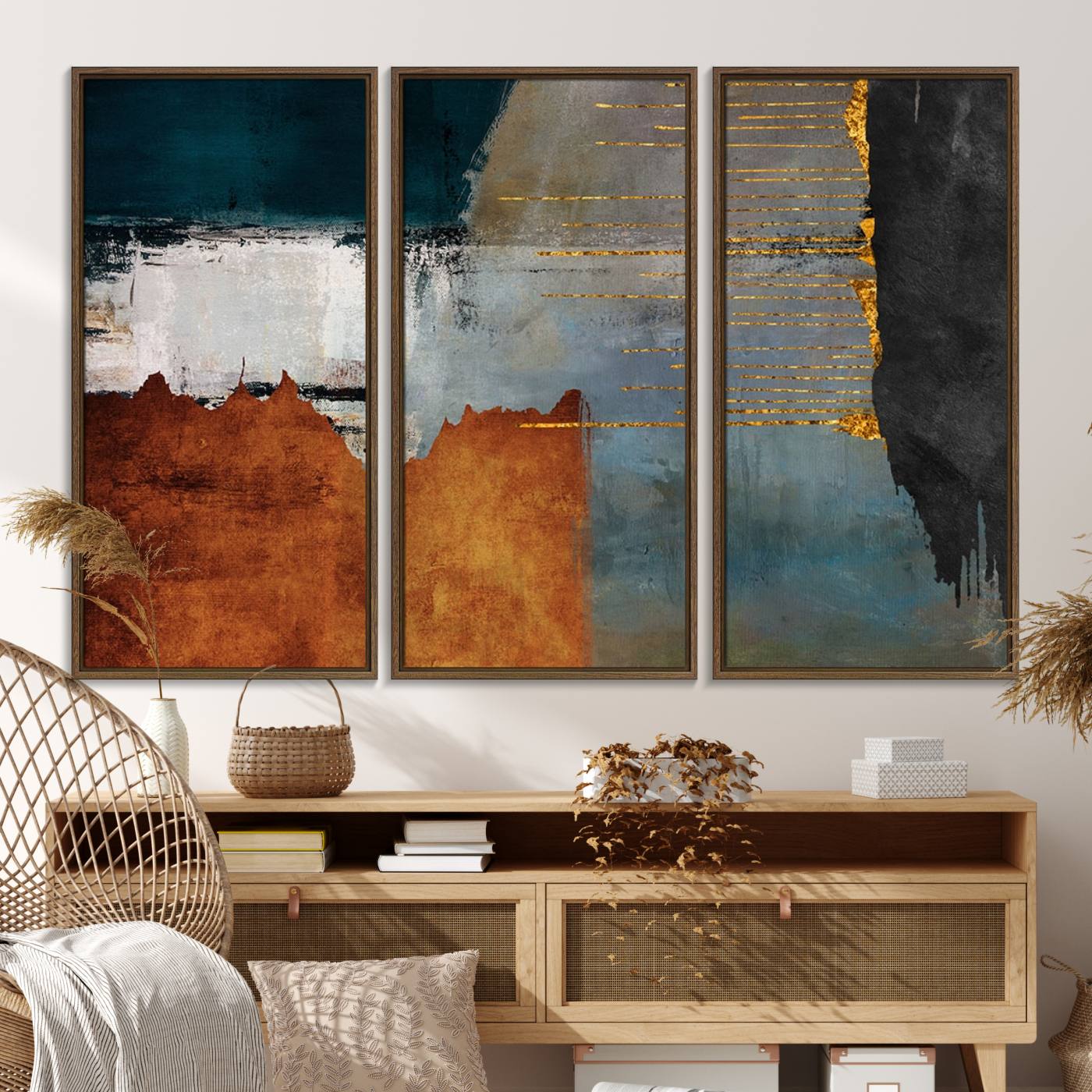 35026-MGV-FC-48X32-3P_Walnut-Modern Abstract Canvas Art Canvas Print - Framed and Ready to Hang Artwork for Contemporary Living Room or Office Decor