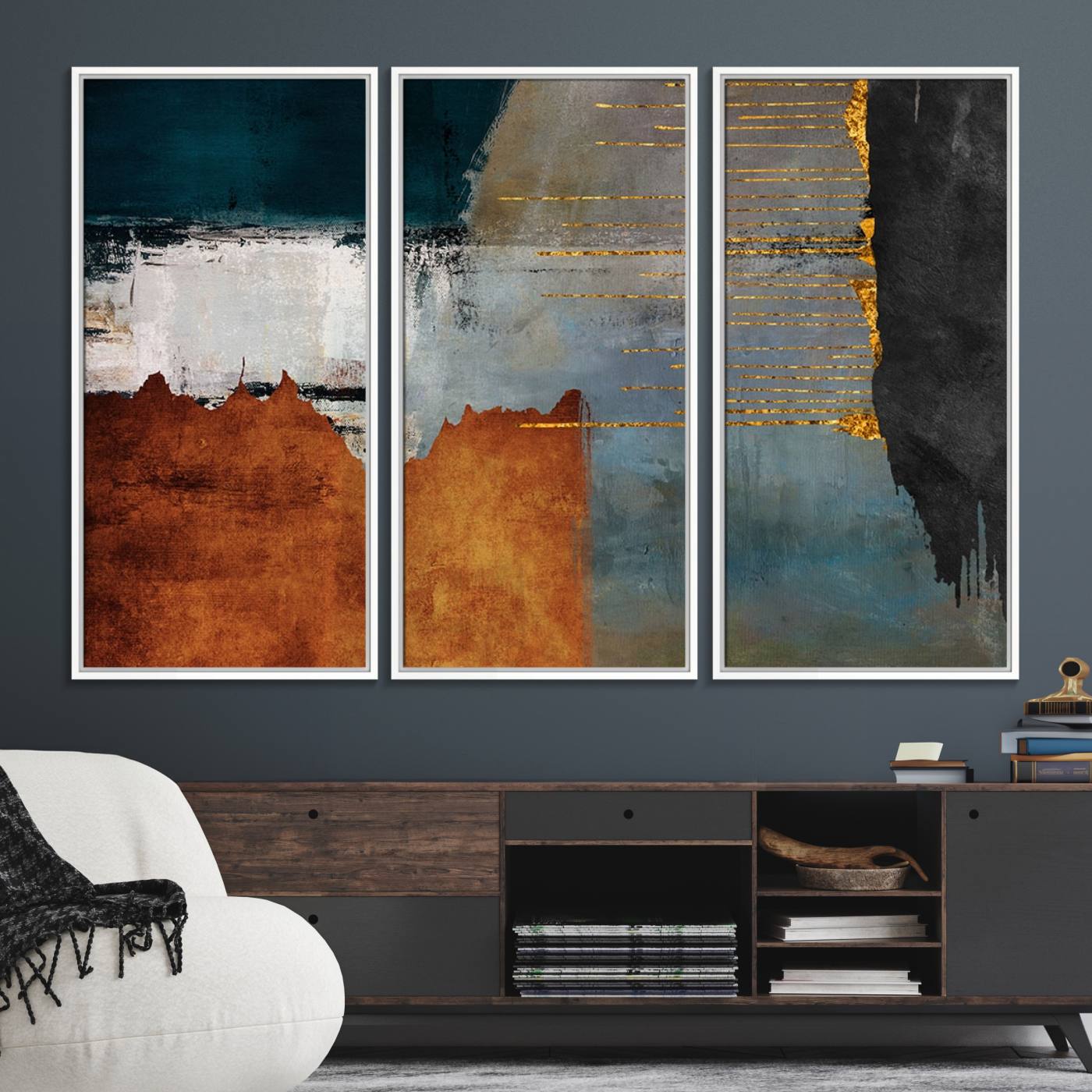 35026-MGV-FC-48X32-3P_White-Modern Abstract Canvas Art Canvas Print - Framed and Ready to Hang Artwork for Contemporary Living Room or Office Decor