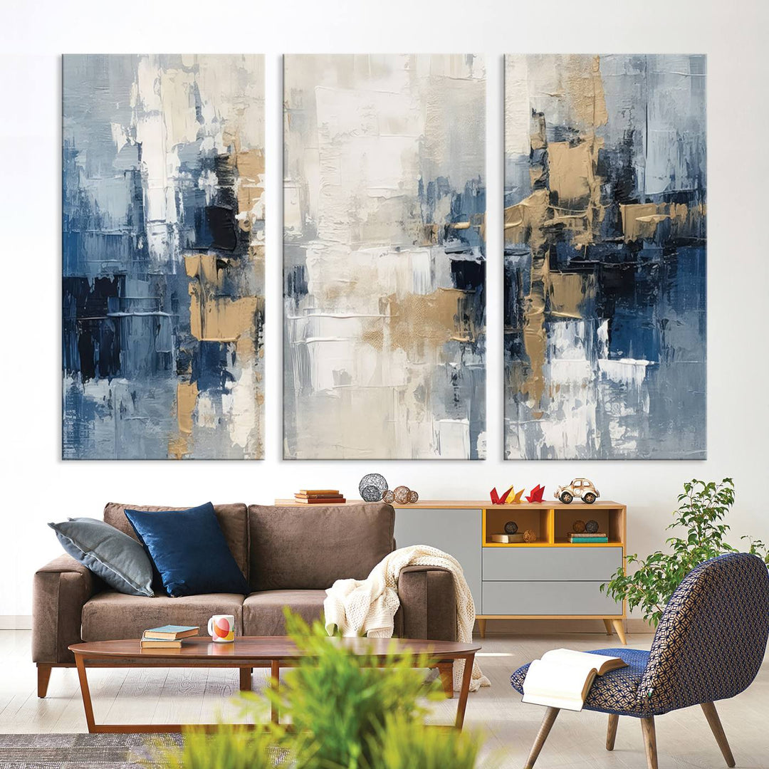 Modern Abstract Canvas Wall Art in Blue and Gold Tones | Large Contemporary Art for Living Room, Office, or Bedroom Décor