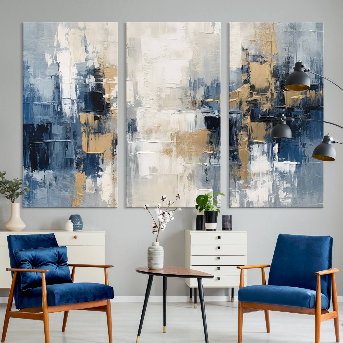44344-MGV-CV-36X24-Modern Abstract Canvas Wall Art in Blue and Gold Tones | Large Contemporary Art for Living Room, Office, or Bedroom Décor