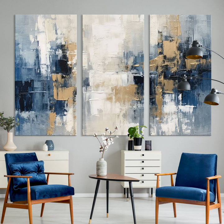 Modern Abstract Canvas Wall Art in Blue and Gold Tones | Large Contemporary Art for Living Room, Office, or Bedroom Décor