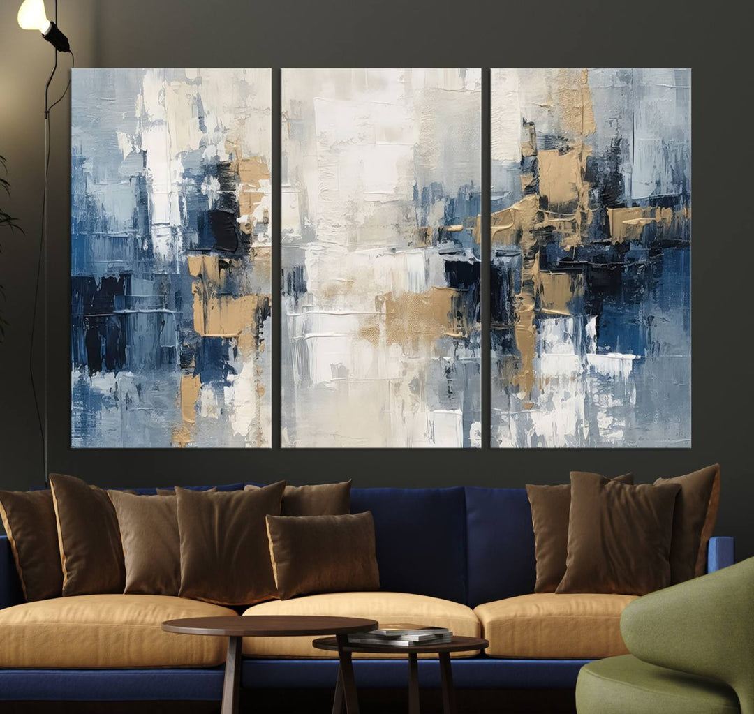 Modern Abstract Canvas Wall Art in Blue and Gold Tones | Large Contemporary Art for Living Room, Office, or Bedroom Décor