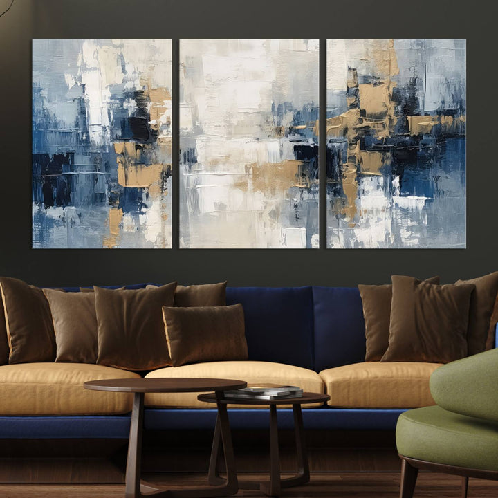 Modern Abstract Canvas Wall Art in Blue and Gold Tones | Large Contemporary Art for Living Room, Office, or Bedroom Décor