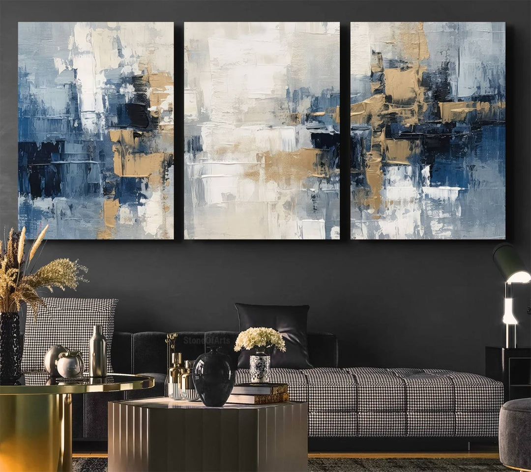 Modern Abstract Canvas Wall Art in Blue and Gold Tones | Large Contemporary Art for Living Room, Office, or Bedroom Décor