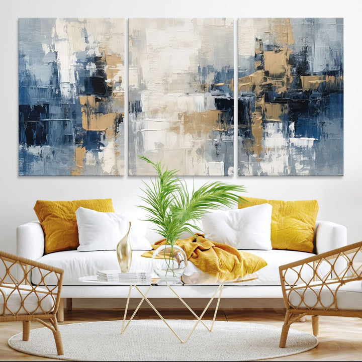 Modern Abstract Canvas Wall Art in Blue and Gold Tones | Large Contemporary Art for Living Room, Office, or Bedroom Décor