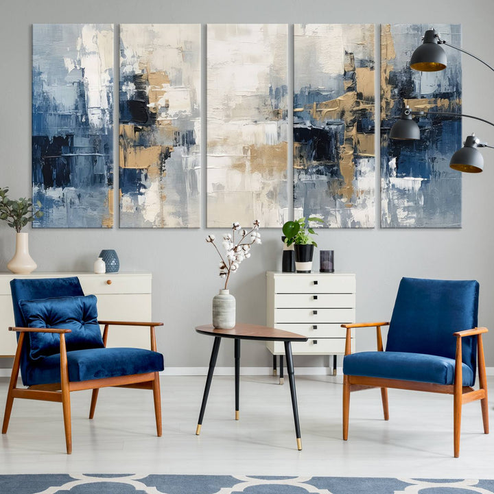 Modern Abstract Canvas Wall Art in Blue and Gold Tones | Large Contemporary Art for Living Room, Office, or Bedroom Décor