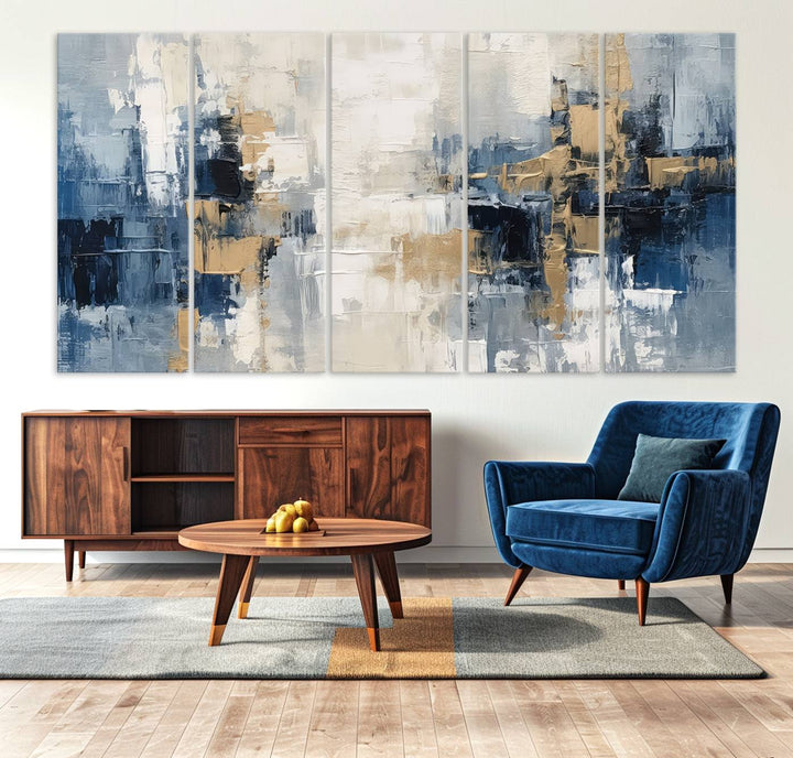 Modern Abstract Canvas Wall Art in Blue and Gold Tones | Large Contemporary Art for Living Room, Office, or Bedroom Décor