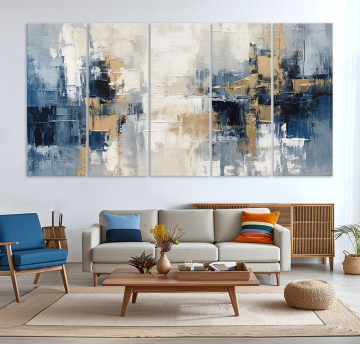 Modern Abstract Canvas Wall Art in Blue and Gold Tones | Large Contemporary Art for Living Room, Office, or Bedroom Décor