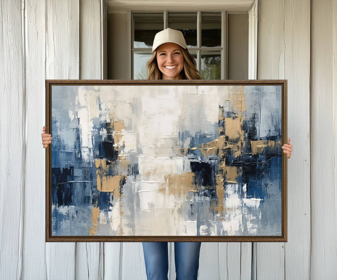 44344-MGV-CV-36X24-Modern Abstract Canvas Wall Art in Blue and Gold Tones | Large Contemporary Art for Living Room, Office, or Bedroom Décor