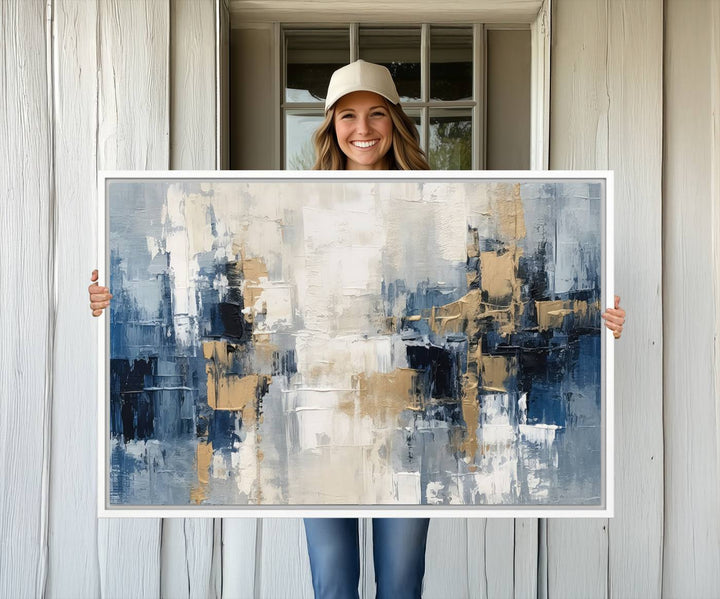 44344-MGV-CV-36X24-Modern Abstract Canvas Wall Art in Blue and Gold Tones | Large Contemporary Art for Living Room, Office, or Bedroom Décor